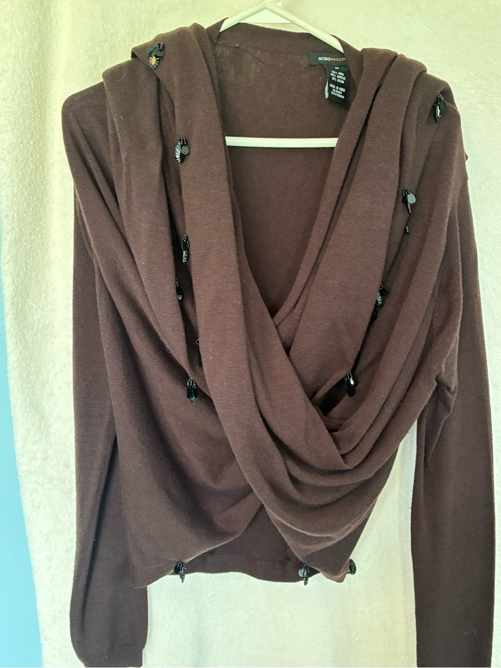 BCBGMaxAzria Brown Draped Cowl Sweater with Bead Accents